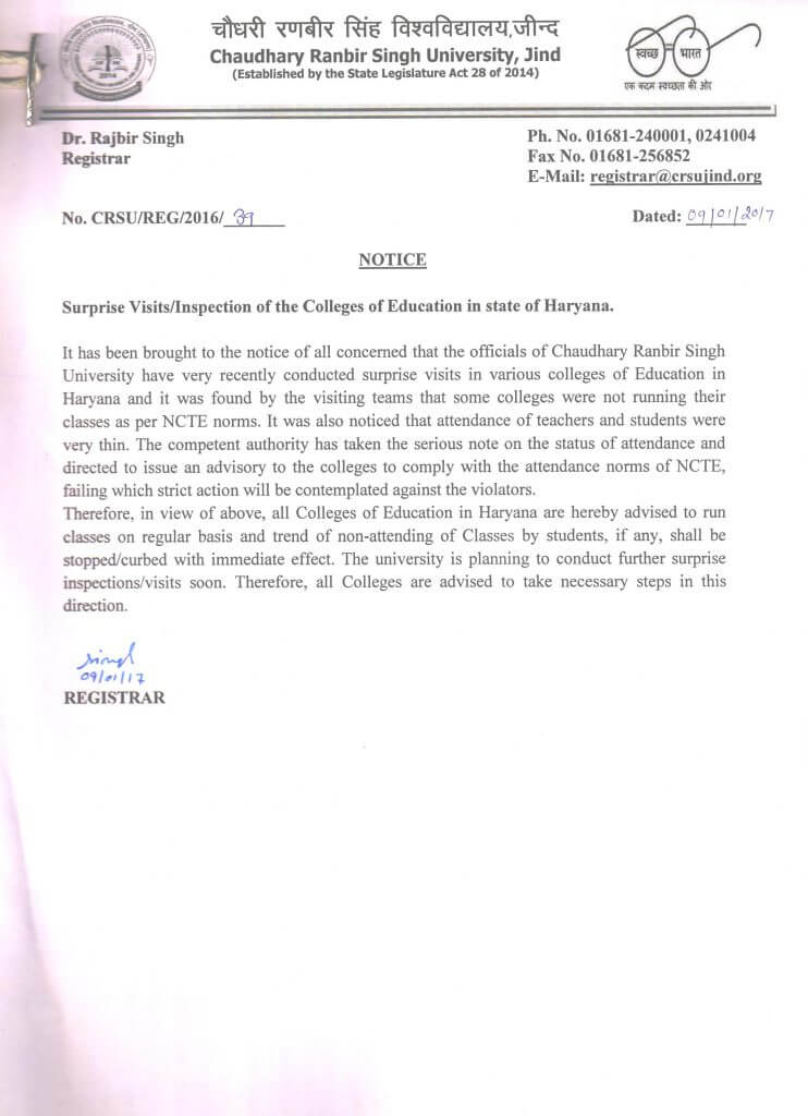 Surprise Visits/Inspection of the Colleges of Education in state of