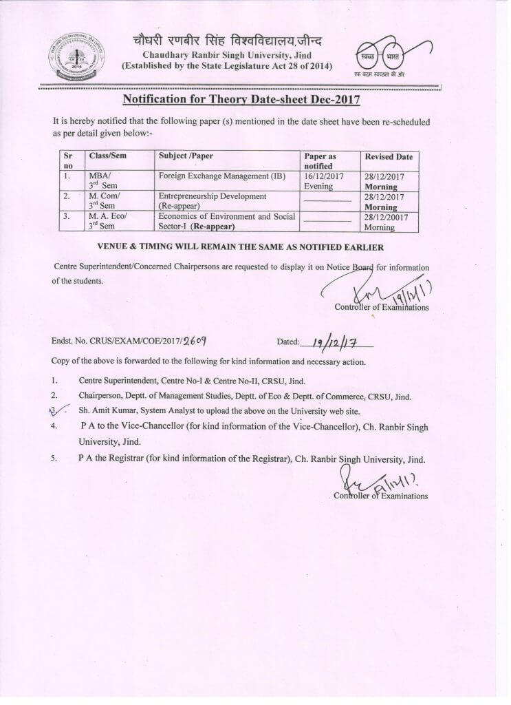 Notification For Theory Date-Sheet Dec-2017 - Chaudhary Ranbir Singh ...